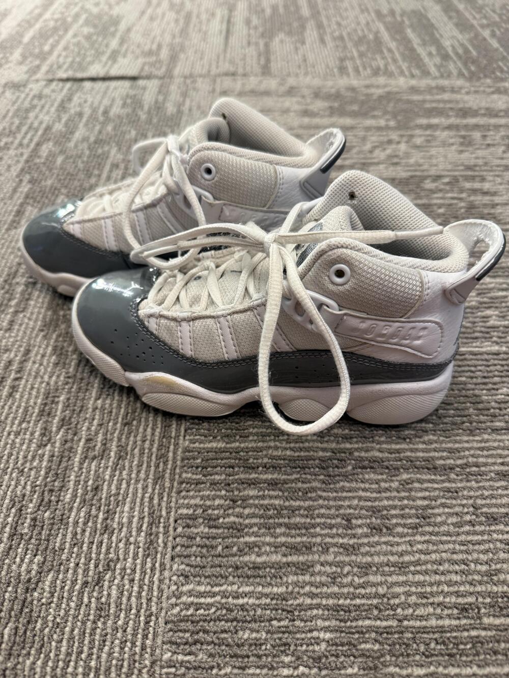 Jordan 6 Rings Shoes Kids Size 12C White Cool Grey Patent Leather 323432-121
